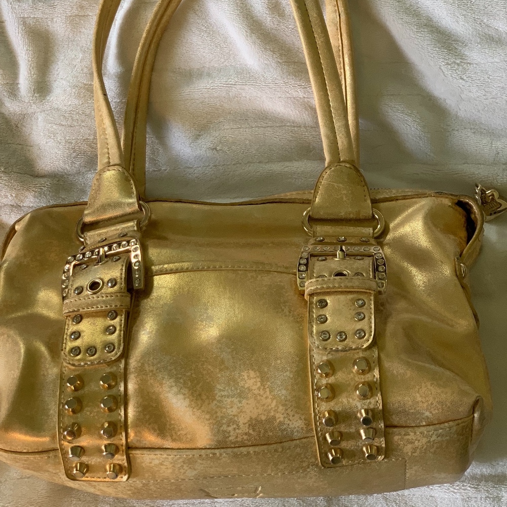 Kathy Van Zeeland Satchel Purse Bling Gold Zipper - Picture 1 of 8